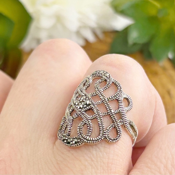 Vintage Antique Sterling Silver 925 Marcasite Ring Size 6 3/4 Chunky GUC Estate - Picture 4 of 10